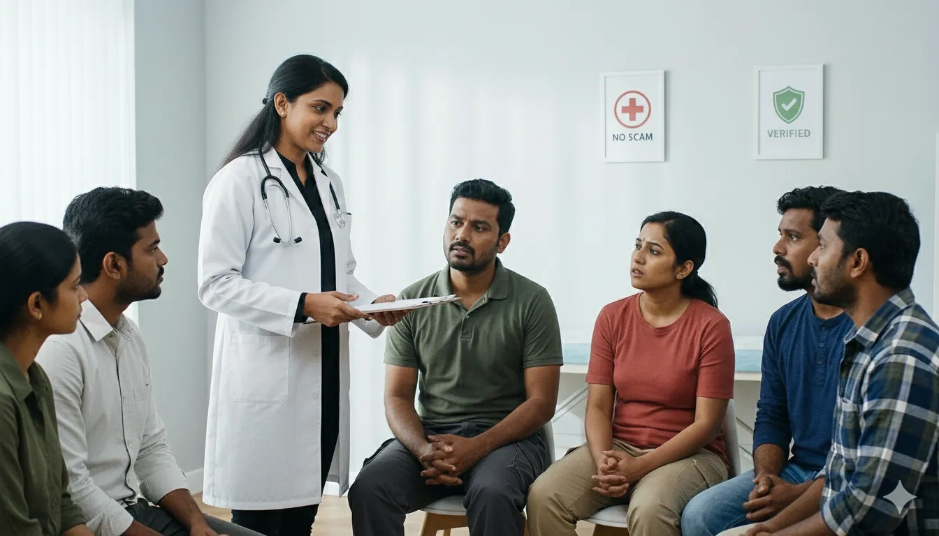 GAMCA medical agent scam warning visual showing official GAMCA medical fees vs agent charges